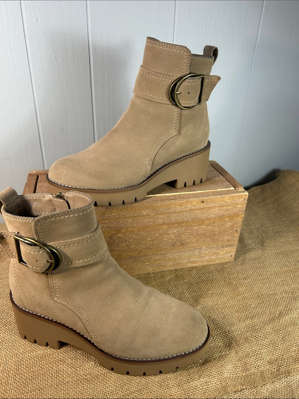 Blondo Taupe Suede Waterproof Lug-Sole Ankle Boots with Buckle